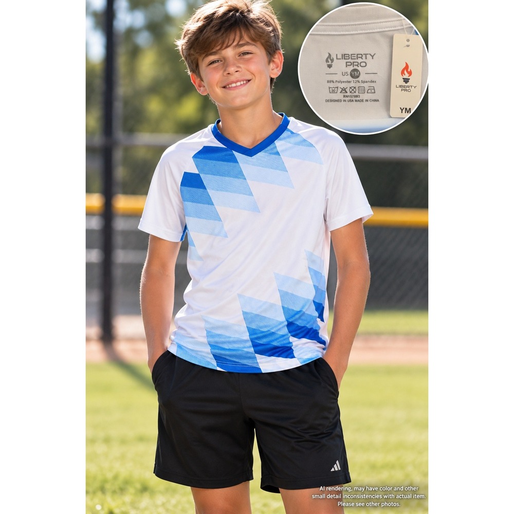 Liberty Pro Youth Medium YM Soccer Jersey Tee White Blue Geometric NWT